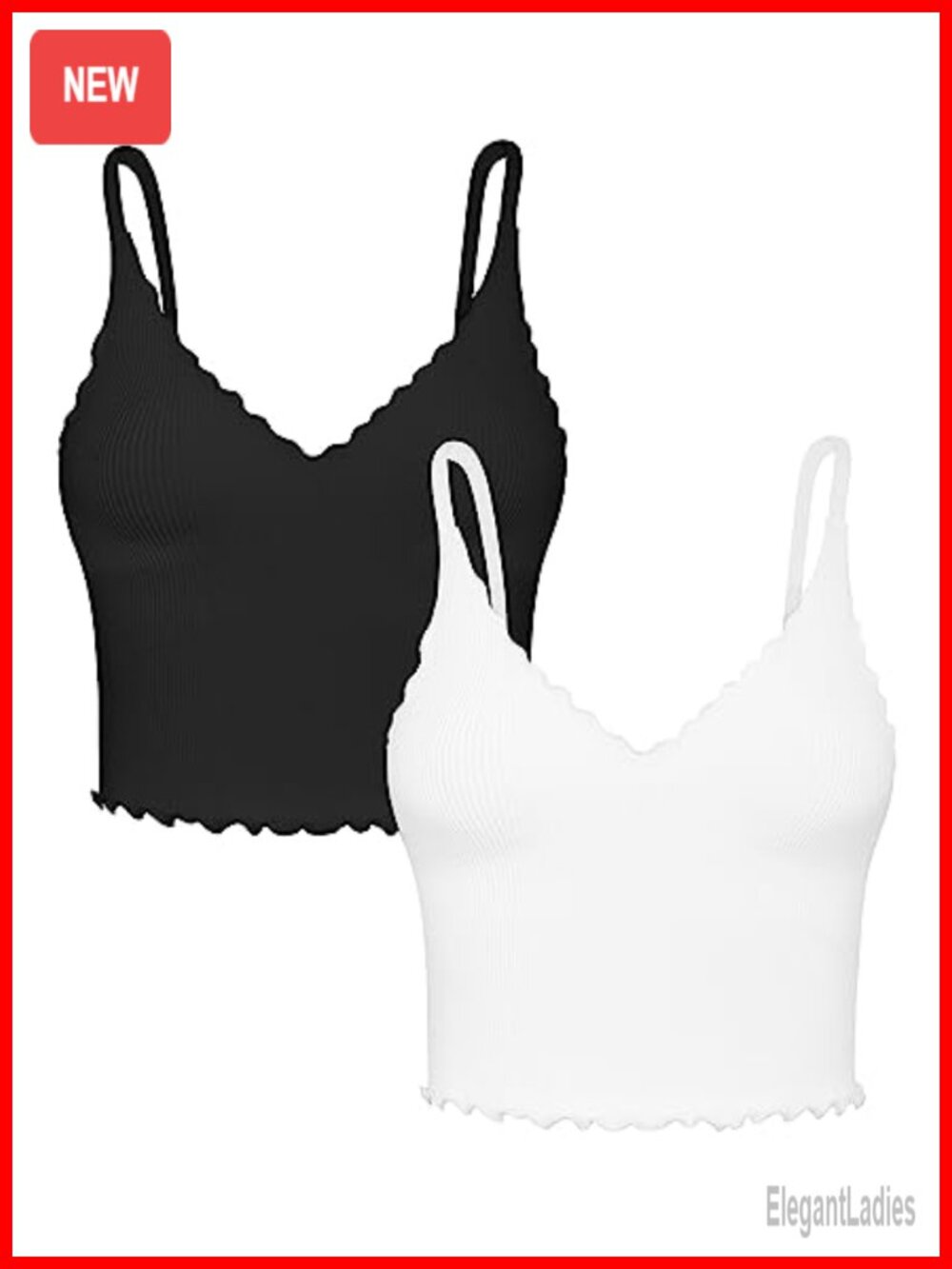 Ribbed V Neck Ruffle Trim Camisole Tank Top Set Seamless Nylon Spandex